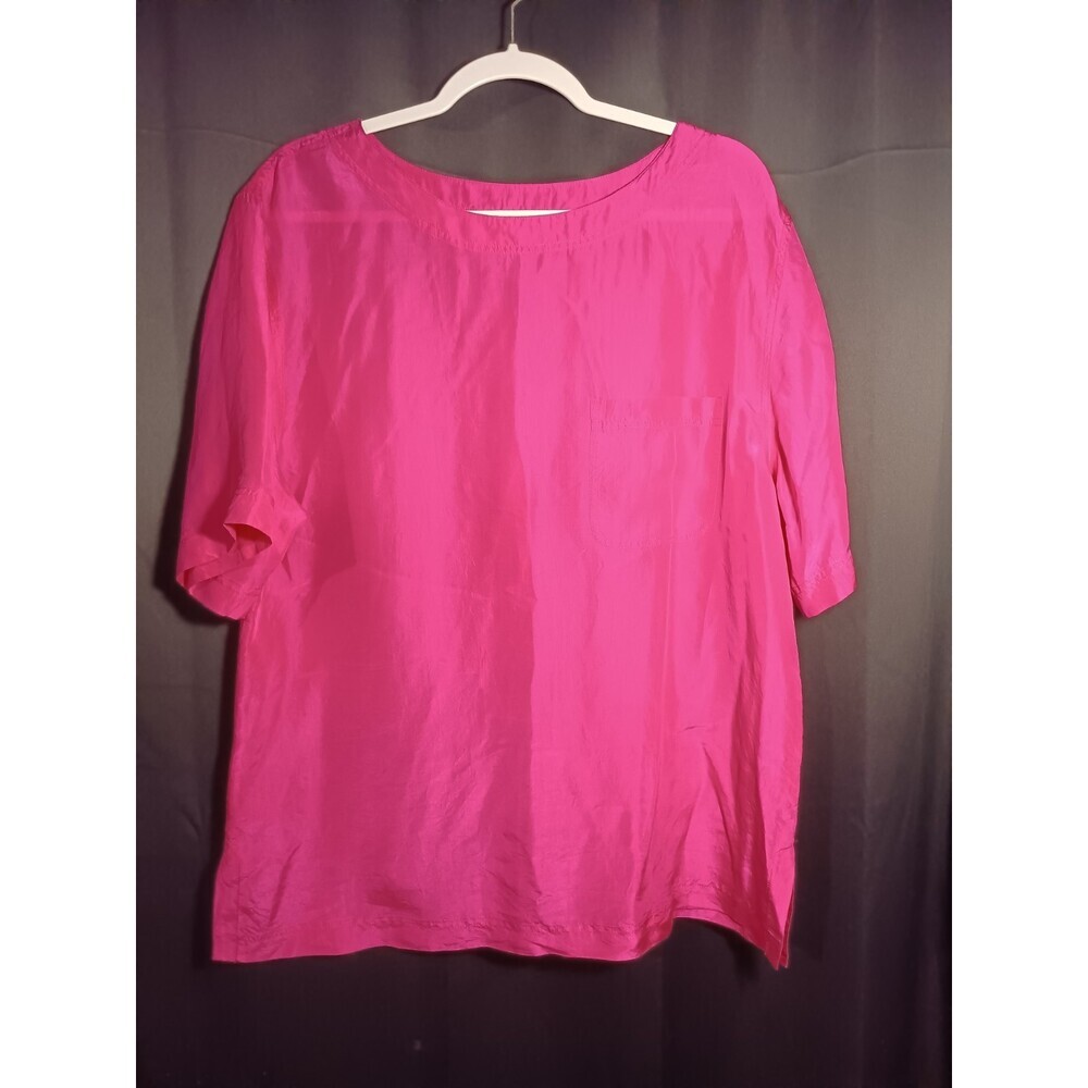 VTG Diversity 100% Silk Hot Pink Short Sleeve Blouse Large Flowy Pocket Top